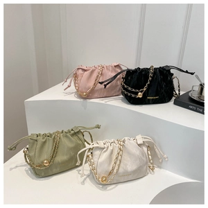 Chic ruched drawstring bucket bags in multiple colors with gold chain straps
