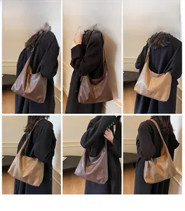 Detailed views of vintage large capacity hobo shoulder bag in coffee and khaki brown colors