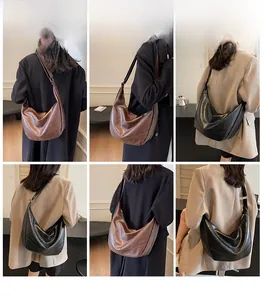 Detailed views of high-capacity brown and black hobo bags worn by a model in a minimalist setting