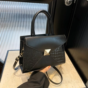 Women Fashion Handbag PU Leather Splicing Crocodile Pattern Shoulder Bag Commuter Square Crossbody Bag With Golden Buckle