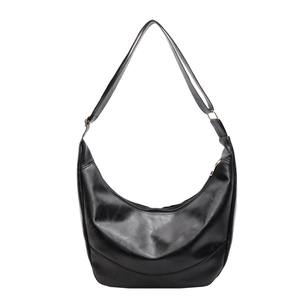 Large capacity black crescent hobo bag in glossy PU leather with wide shoulder strap