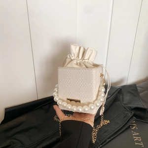 Mini Bucket Bag Women PU Leather Woven Texture Artificial Pearl Handle Gold Metal Chain Strap Drawstring Handbag