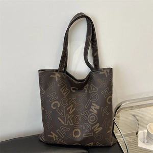 Brown faux leather tote bag with stylish all-over letter prints and spacious design
