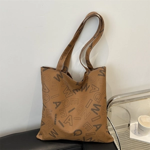 Vintage Large Capacity Printed Letter Tote Bag For Women PU Leather Urban Minimalist Shoulder Commuting Handbag Casual Bag