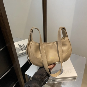 Beige lychee pattern hobo shoulder bag with minimalist semi-circle design for women
