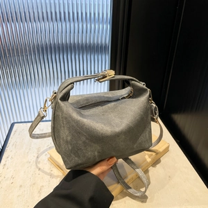 Chic strawberry print shoulder bag in grey washed canvas with adjustable golden buckle strap