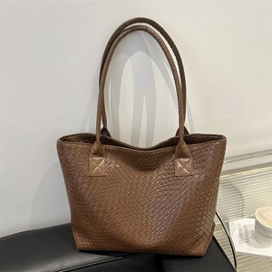Large dark brown woven leather tote bag with long straps for office and daily use