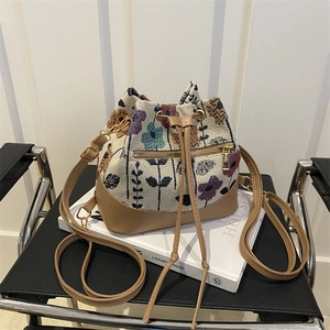 Retro Ethnic Floral Embroidered Drawstring Bucket Bag Women Fashion Canvas PU Leather Spliced Crossbody Shoulder Bag