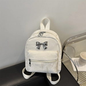 Women Mini Bowknot Backpack Korean Style Pleated Texture Lightweight Travel School Bag Casual Fashion PU Daypack