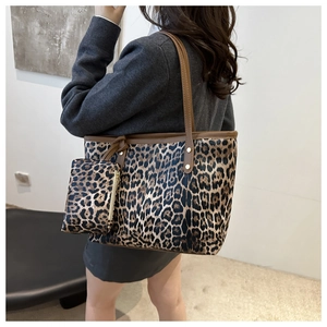 Fashion leopard print tote bag with small pouch set on model for casual commuting look