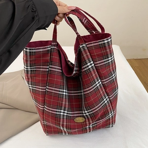 Women Retro Canvas Plaid Tote Bag Large Capacity Checkered Shoulder Bag Casual Urban Simple Daily Handbag Autumn Winter Shopping Bag
