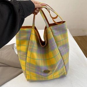 Large plaid canvas tote bag in yellow and purple with handmade metal tag for women