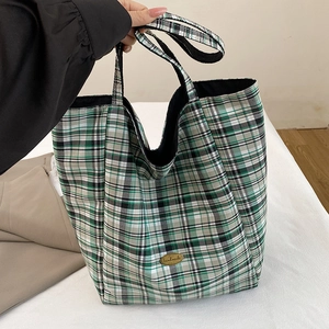 Green and white plaid canvas tote bag featuring handmade metal plaque and large capacity