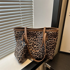 Leopard print tote bag set with matching pouch and brown leather handles for women