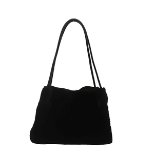 Solid black fuzzy plush tote bag for women featuring long faux fur and double straps