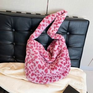 Sac à épaule chic en peluche léopard rose à grande capacité pour la mode d'hiver