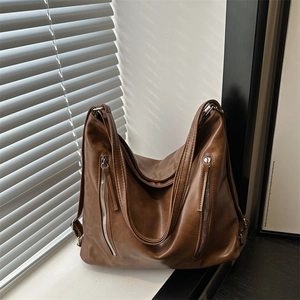 Sac Fourre-tout en Cuir PU Rétro pour Femmes Grande Capacité Sac à Bandoulière Minimaliste Multifonctionnel avec Fermeture Éclair