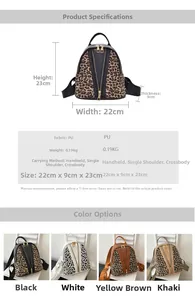 Detail view of mini leopard print PU backpack showing 22x23x9cm size and material info