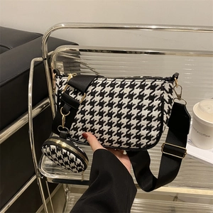Classic houndstooth crossbody set with wide strap and round coin purse for women