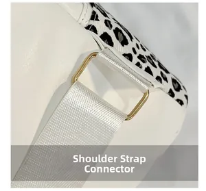 Detail of leopard print shoulder bag showing golden metal buckle and white strap