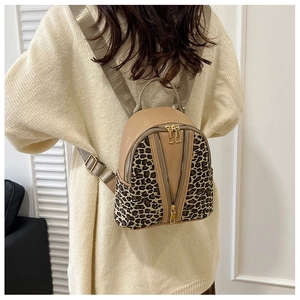 Rear view of a mini leopard print backpack on a model with stylish dual zipper detail