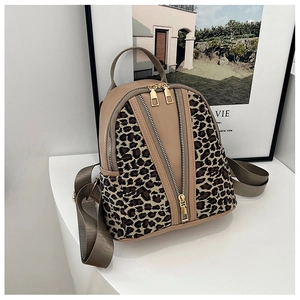 Detail of leopard print mini backpack with V-shaped dual zippers and gold hardware