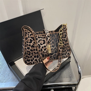 Leopard print underarm shoulder bag with gold chain strap and luxury buckle for women