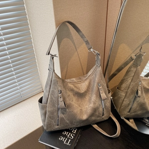 Sac Fourre-tout en Cuir PU Grande Capacité pour Femmes Rétro Frosted Hobo Sac à Bandoulière Minimaliste Sac à Bandoulière Avec Poches Zippées Bureau Quotidien
