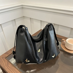 Women Pleated Butterfly Tote Bag PU Leather Large Capacity Korean Fashion Underarm Shoulder Bag Zipper Closure Handbag