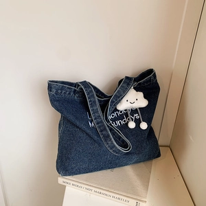 Retro American denim canvas tote bag with white embroidery and plush cloud keychain