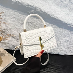 White faux crocodile leather handbag with golden lock and detachable shoulder strap