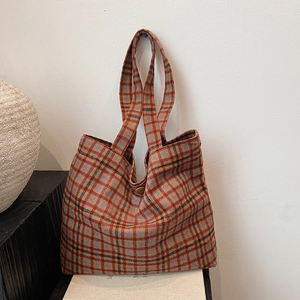 Classic red plaid woolen tote bag with metal buckle closure and large capacity design