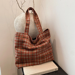 Winter plaid wool tote bag in red and orange check pattern with large capacity