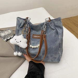 Women Casual PU Leather Tote Bag Large Capacity Commuting Handbag With Chain And Pearl Elegant Shoulder Bag
