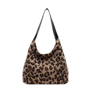 Plush leopard print tote bag with black leather straps for women's autumn winter fashion