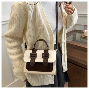 Detail of vintage academy style crossbody bag featuring contrast colors and metal buckles