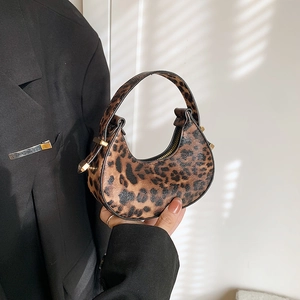 Fashion Women Mini Leopard Print Crescent Underarm Bag Retro PU Leather Small Handbag Gold Hardware Street Style Shoulder Purse