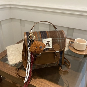 Vintage Plaid Woolen PU Leather Backpack For Women Fashion School Style Small Crossbody Bag With Bear Pendant Handbag