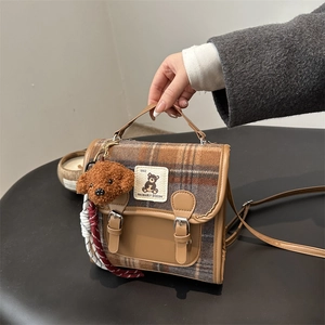Chic plaid wool handbag for women with teddy bear pendant and crossbody strap