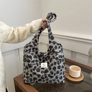 Leopard print plush tote bag for women in grey and white soft faux fur fabric