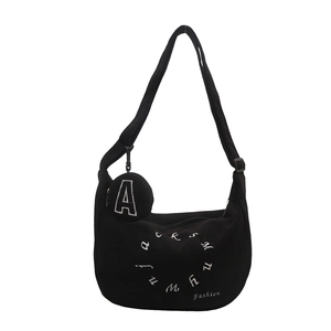 Black corduroy letter crossbody bag with adjustable strap and small round pendant pouch