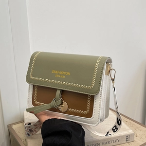 Fashion color-block shoulder bag with olive green, ivory and brown panels and wide strap