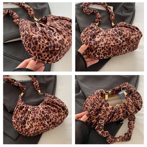 Detailed views of leopard print pleated crescent bag showing texture, base, and interior