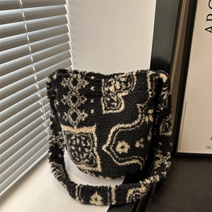Sac Seau en Toile Peluche Automne Hiver Femme Mode Rétro Géométrique Plaid Dessin Animé Chien Imprimé Sac à Épaule Grande
