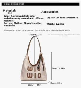 Detailed size chart for the PU tote bag showing dimensions 30x11x34cm with handle height
