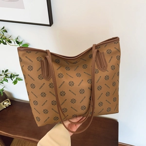Large patterned tote bag with double handles in brown leather style for office and daily use
