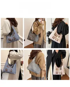 Collage of retro canvas hobo bag in grey, blue, and white with WIO embroidery
