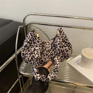 Vintage Leopard Print Ruched Underarm Bag For Women PU Leather Fashion Crescent Shoulder Bag With Gold Hardware Party Gift