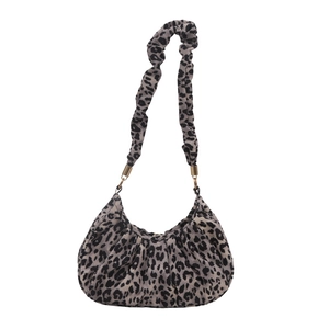 Retro leopard print crescent underarm bag with ruffled scrunchie-style shoulder strap