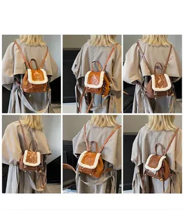 Detailed views of mini vintage brown backpack with white faux fur trim and leather straps